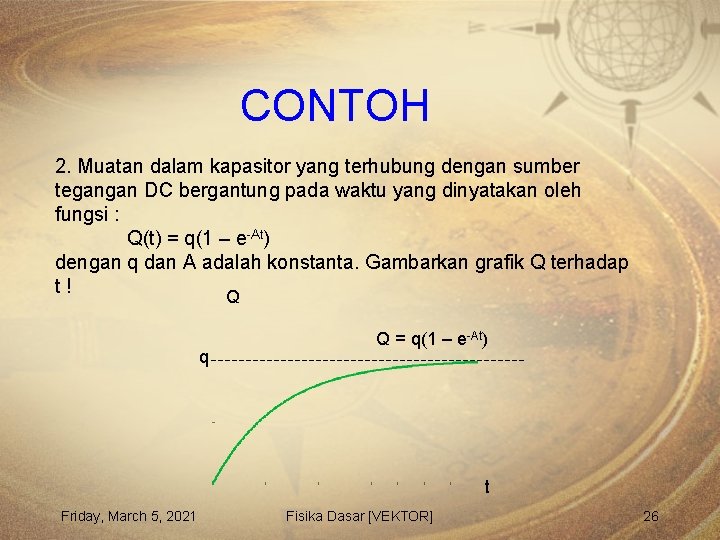CONTOH 2. Muatan dalam kapasitor yang terhubung dengan sumber tegangan DC bergantung pada waktu