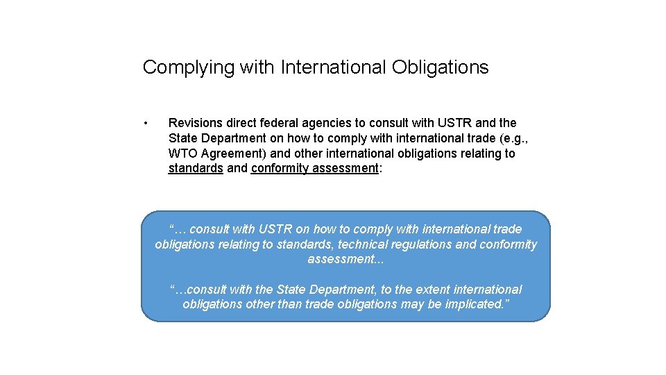 Complying with International Obligations • Revisions direct federal agencies to consult with USTR and