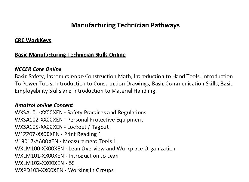 Manufacturing Technician Pathways CRC Work. Keys Basic Manufacturing Technician Skills Online NCCER Core Online