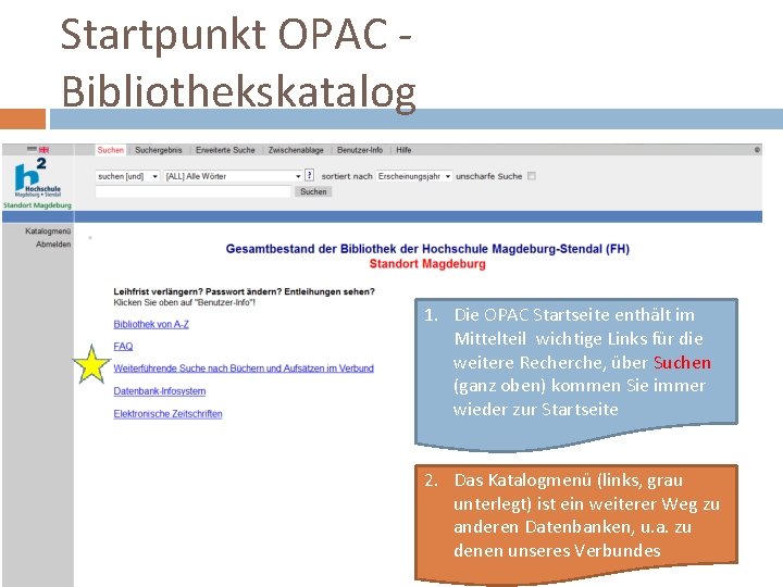 Startpunkt OPAC Bibliothekskatalog 1. Die OPAC Startseite enthält im Mittelteil wichtige Links für die