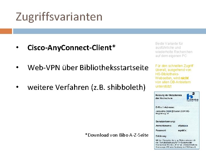 Zugriffsvarianten • Cisco-Any. Connect-Client* • Web-VPN über Bibliotheksstartseite • weitere Verfahren (z. B. shibboleth)