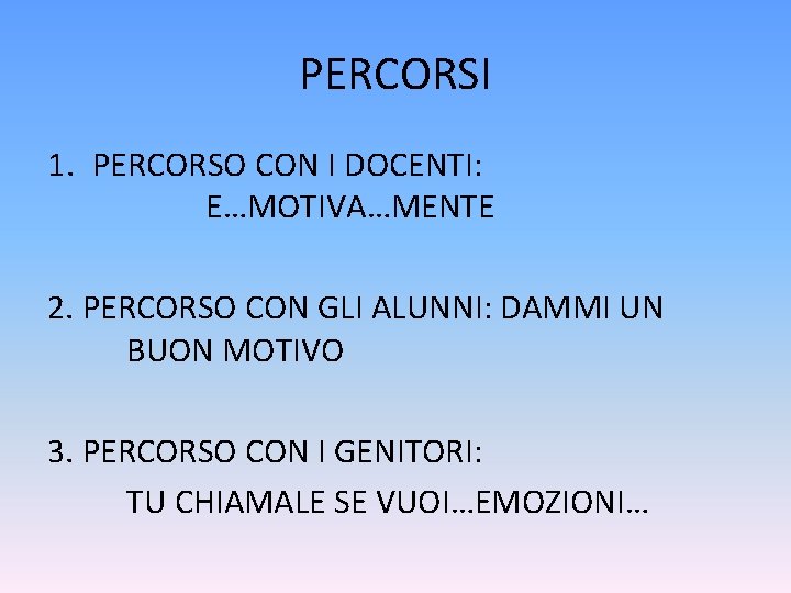 PERCORSI 1. PERCORSO CON I DOCENTI: E…MOTIVA…MENTE 2. PERCORSO CON GLI ALUNNI: DAMMI UN