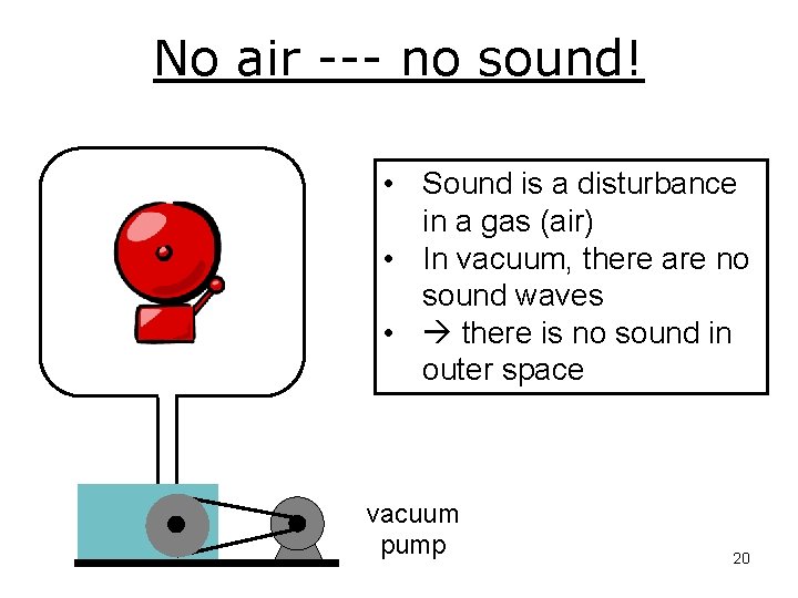 No air --- no sound! • Sound is a disturbance in a gas (air)