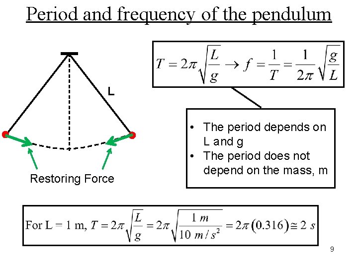 Period and frequency of the pendulum L Restoring Force • The period depends on