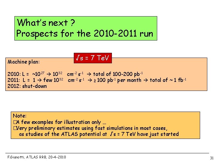 What’s next ? Prospects for the 2010 -2011 run Machine plan: √s = 7