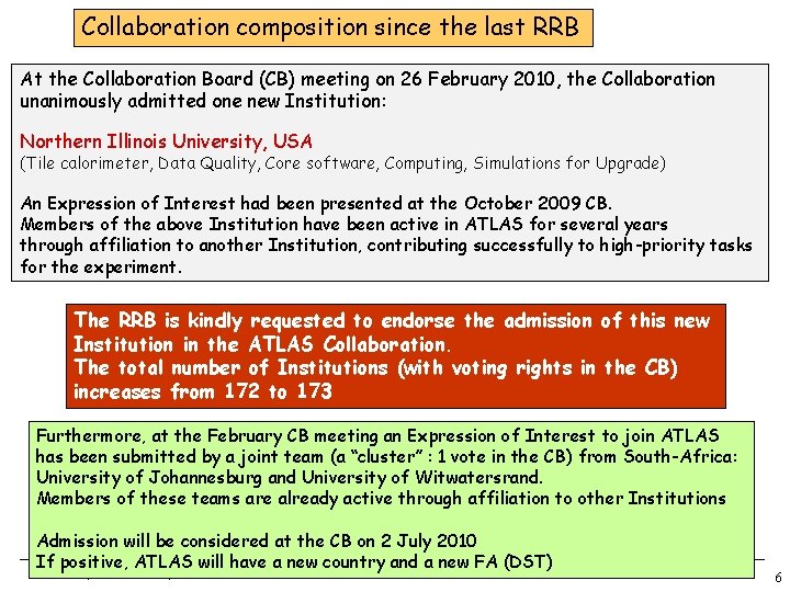 Collaboration composition since the last RRB At the Collaboration Board (CB) meeting on 26