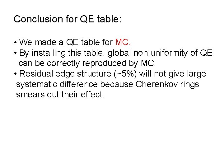 Conclusion for QE table: • We made a QE table for MC. • By