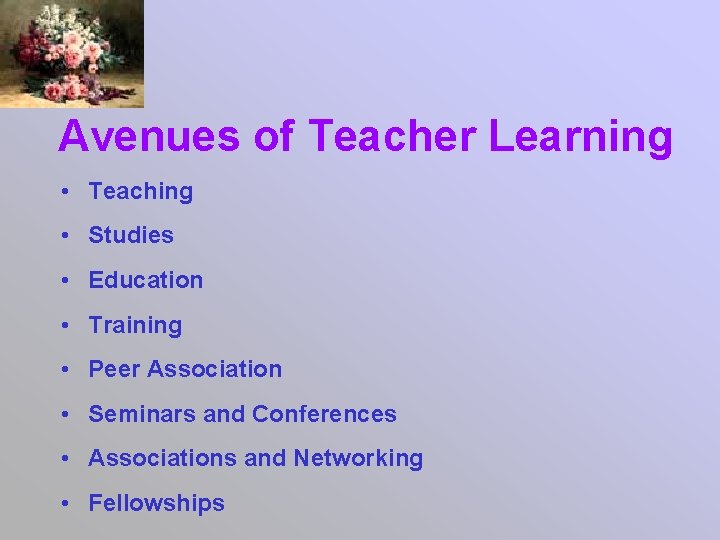 Avenues of Teacher Learning • Teaching • Studies • Education • Training • Peer