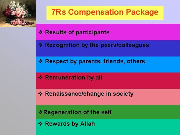 7 Rs Compensation Package v Results of participants v Recognition by the peers/colleagues v