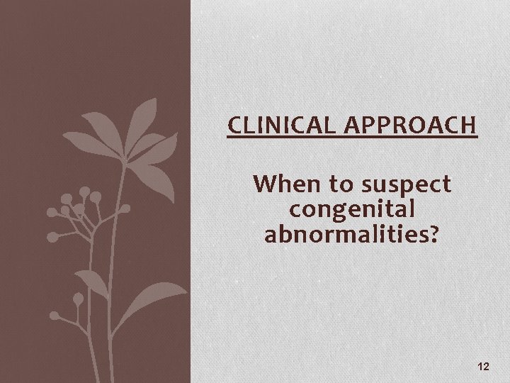 CLINICAL APPROACH When to suspect congenital abnormalities? 12 