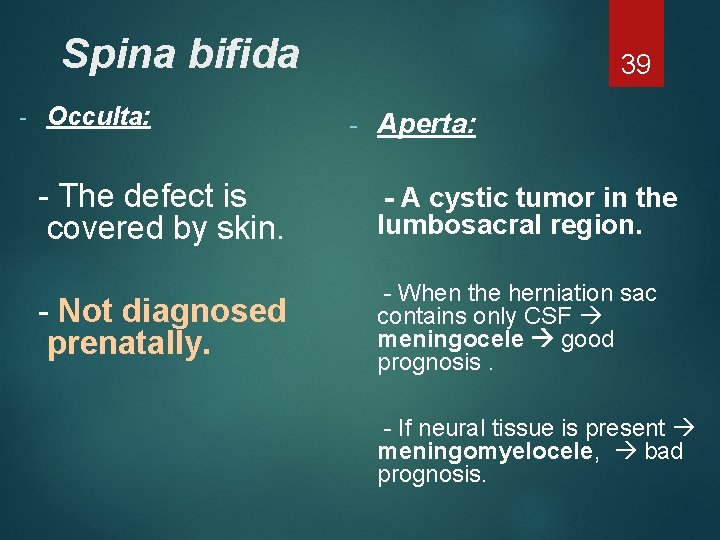 Spina bifida - Occulta: 39 - Aperta: - The defect is covered by skin.