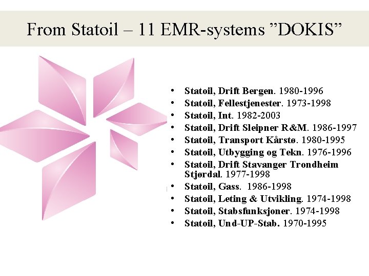 From Statoil – 11 EMR-systems ”DOKIS” • • • Statoil, Drift Bergen. 1980 -1996