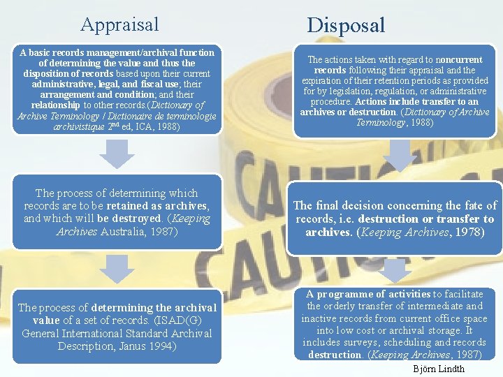 Appraisal Disposal A basic records management/archival function of determining the value and thus the
