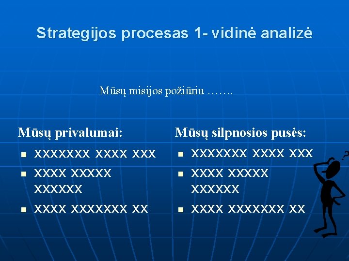Strategijos procesas 1 - vidinė analizė Mūsų misijos požiūriu ……. Mūsų privalumai: n n