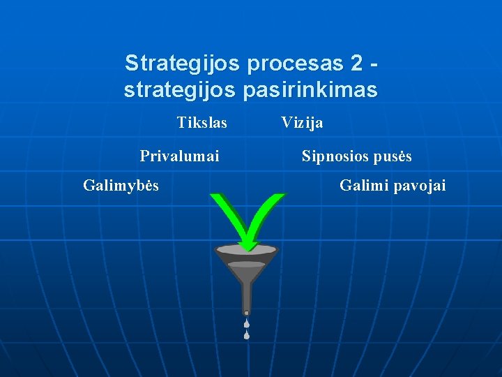 Strategijos procesas 2 strategijos pasirinkimas Tikslas Privalumai Galimybės Vizija Sipnosios pusės Galimi pavojai 