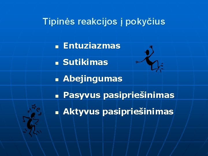 Tipinės reakcijos į pokyčius n Entuziazmas n Sutikimas n Abejingumas n Pasyvus pasipriešinimas n