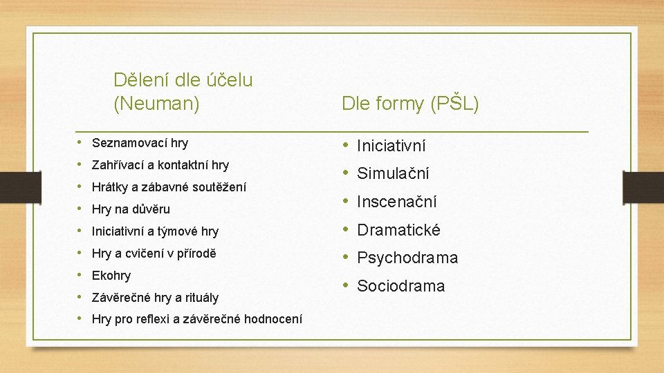 Dělení dle účelu (Neuman) • Seznamovací hry • Zahřívací a kontaktní hry • Hrátky