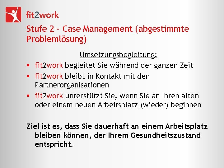 Stufe 2 – Case Management (abgestimmte Problemlösung) Umsetzungsbegleitung: § fit 2 work begleitet Sie