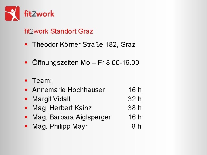 fit 2 work Standort Graz § Theodor Körner Straße 182, Graz § Öffnungszeiten Mo