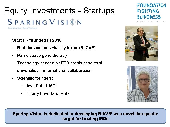 Equity Investments - Startups Start up founded in 2016 • Rod-derived cone viability factor