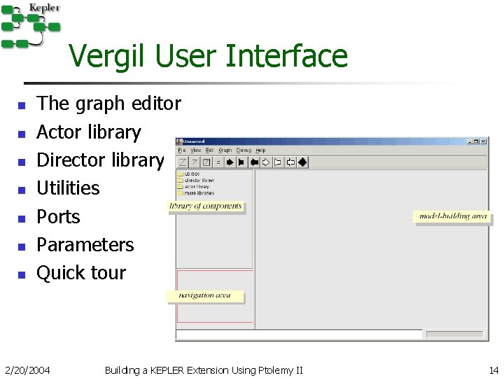 Vergil User Interface n n n n The graph editor Actor library Director library