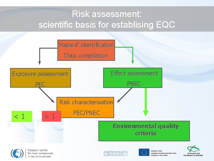 Risk assessment: scientific basis for establising EQC ‘Hazard’ identification Data compilation Exposure assessment Effect