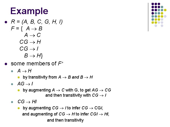 Example l l R = (A, B, C, G, H, I) F = {