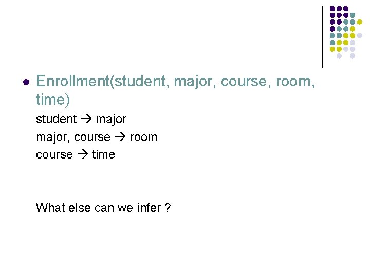 l Enrollment(student, major, course, room, time) student major, course room course time What else