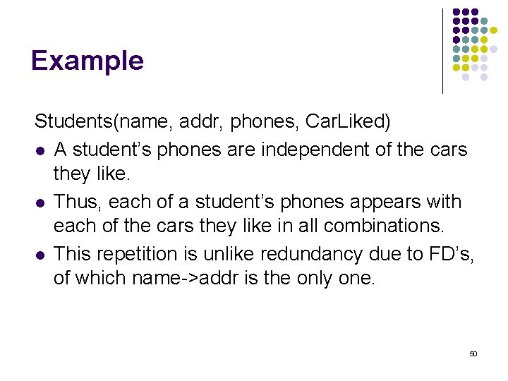 Example Students(name, addr, phones, Car. Liked) l A student’s phones are independent of the