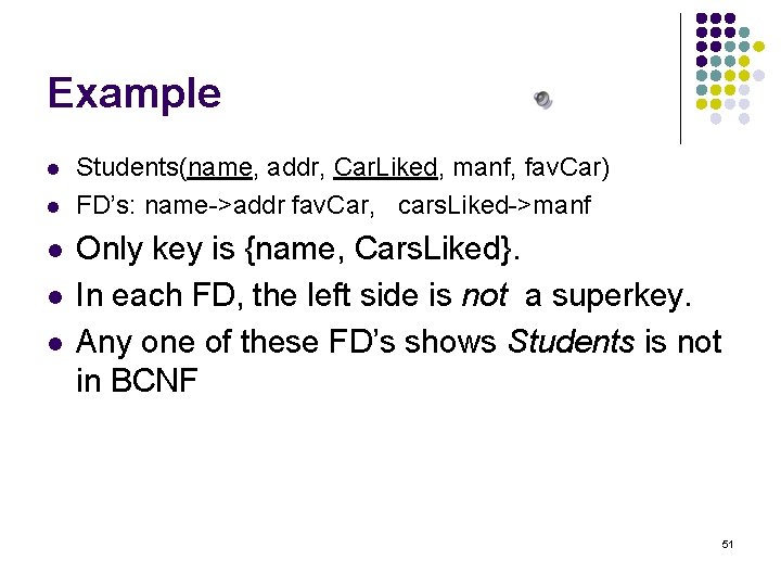 Example l l l Students(name, addr, Car. Liked, manf, fav. Car) FD’s: name->addr fav.
