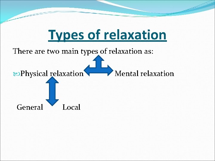Types of relaxation There are two main types of relaxation as: Physical relaxation Mental