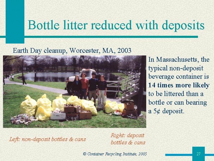 Bottle litter reduced with deposits Earth Day cleanup, Worcester, MA, 2003 In Massachusetts, the