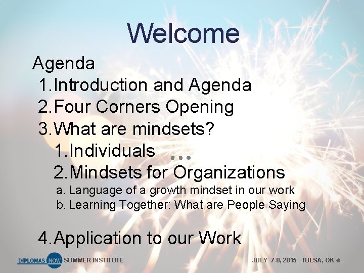 Welcome Agenda 1. Introduction and Agenda 2. Four Corners Opening 3. What are mindsets?