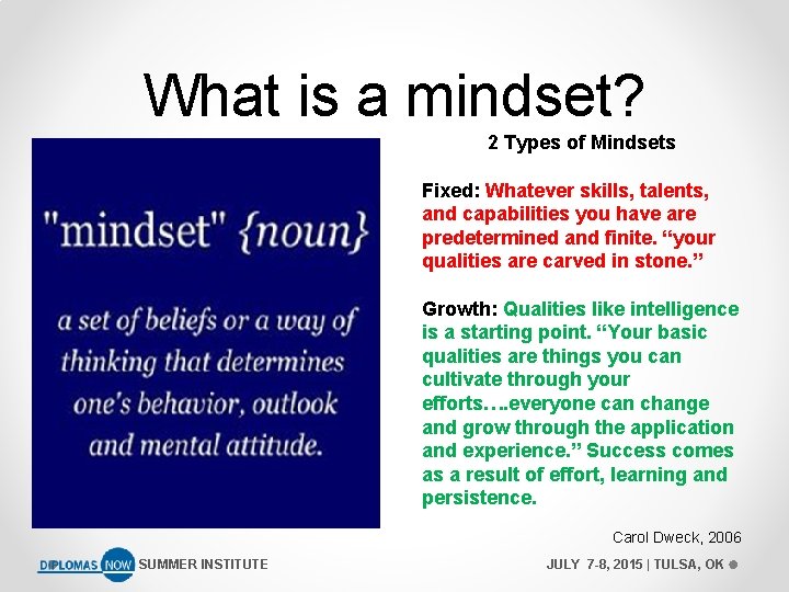 What is a mindset? 2 Types of Mindsets Fixed: Whatever skills, talents, and capabilities