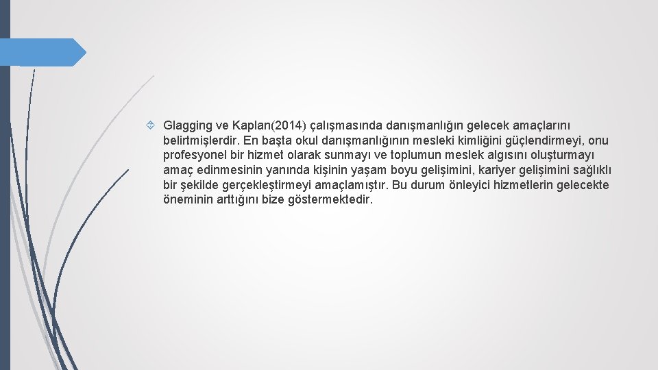  Glagging ve Kaplan(2014) çalışmasında danışmanlığın gelecek amaçlarını belirtmişlerdir. En başta okul danışmanlığının mesleki