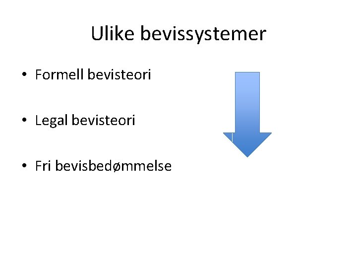 Ulike bevissystemer • Formell bevisteori • Legal bevisteori • Fri bevisbedømmelse 