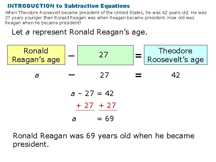 INTRODUCTION to Subtraction Equations When Theodore Roosevelt became president of the United States, he