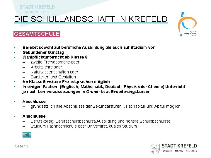 DIE SCHULLANDSCHAFT IN KREFELD GESAMTSCHULE • • • Bereitet sowohl auf berufliche Ausbildung als