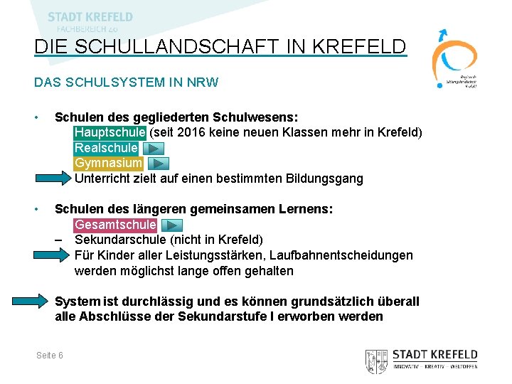 DIE SCHULLANDSCHAFT IN KREFELD DAS SCHULSYSTEM IN NRW • Schulen des gegliederten Schulwesens: –