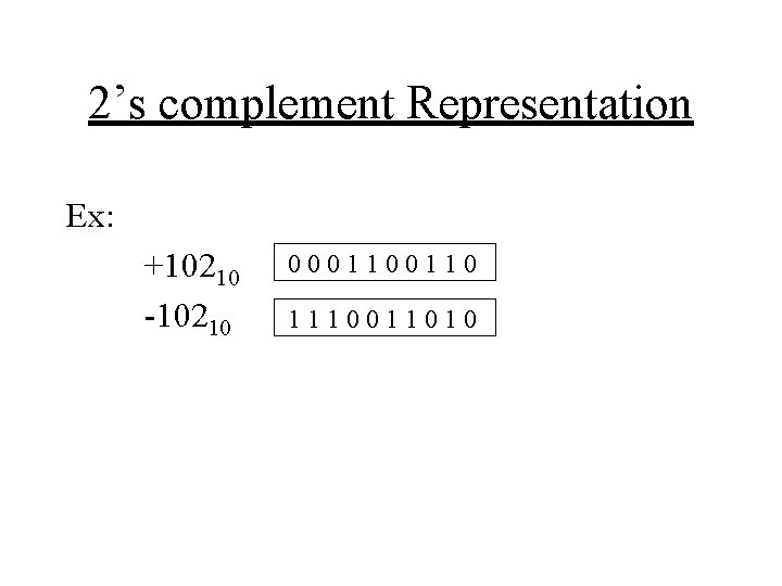 2’s complement Representation Ex: +10210 -10210 000110 1110011010 