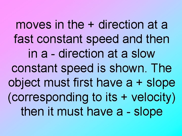 moves in the + direction at a fast constant speed and then in a