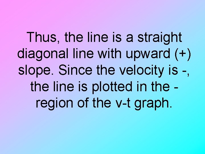 Thus, the line is a straight diagonal line with upward (+) slope. Since the