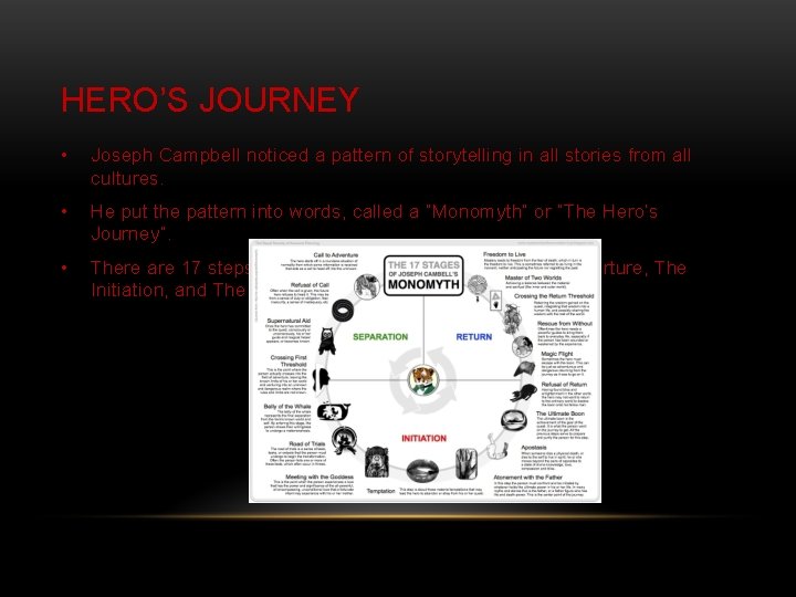 HERO’S JOURNEY • Joseph Campbell noticed a pattern of storytelling in all stories from