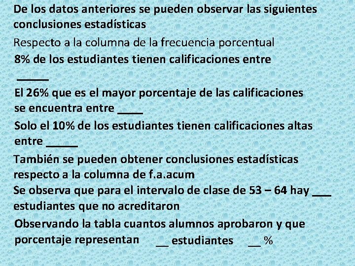 De los datos anteriores se pueden observar las siguientes conclusiones estadísticas Respecto a la