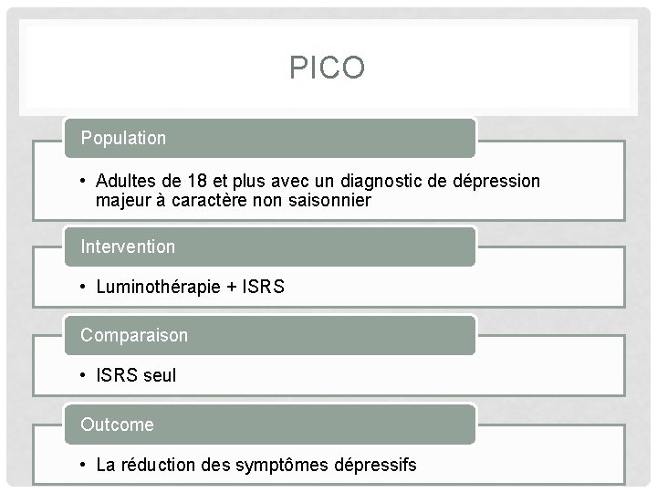 PICO Population • Adultes de 18 et plus avec un diagnostic de dépression majeur