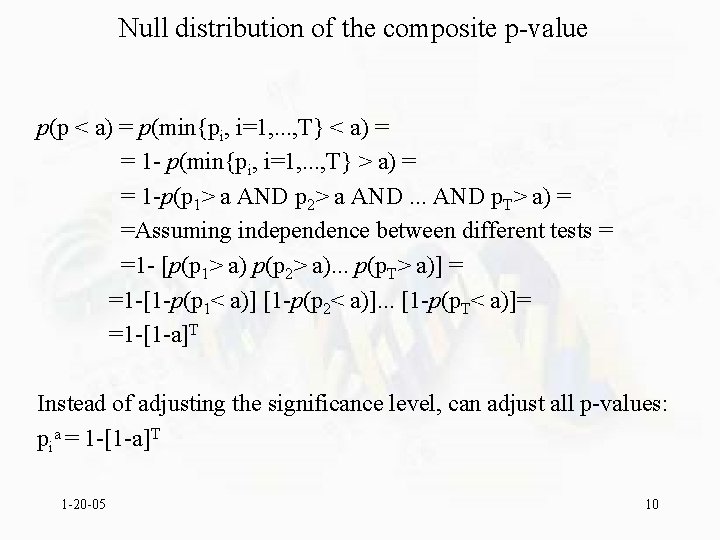 Null distribution of the composite p-value p(p < a) = p(min{pi, i=1, . .