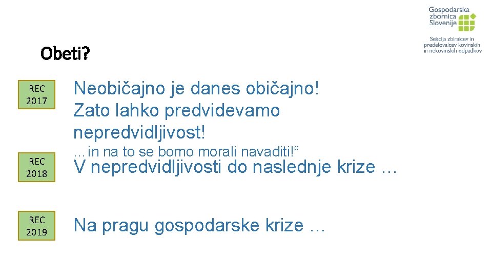 Obeti? REC 2017 REC 2018 REC 2019 Neobičajno je danes običajno! Zato lahko predvidevamo