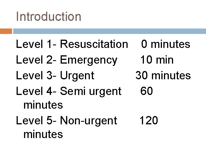 Introduction Level 1 - Resuscitation 0 minutes Level 2 - Emergency 10 min Level