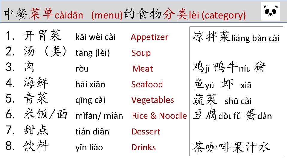 中餐菜单càidān (menu)的食物分类lèi (category) 1. 2. 3. 4. 5. 6. 7. 8. 开胃菜 汤 (类)