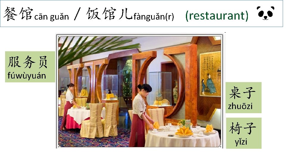 餐馆cān guǎn／饭馆儿fànguǎn(r) (restaurant) 服务员 fúwùyuán 桌子 zhuōzi 椅子 yǐzi 